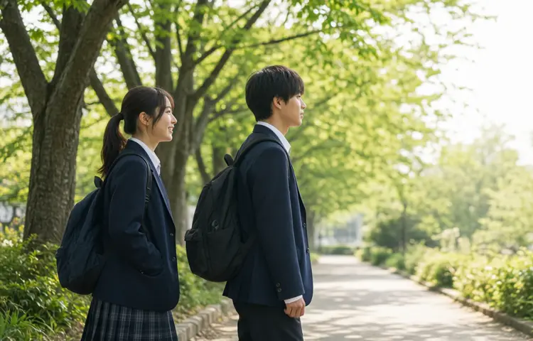 新緑の並木道で、制服の高校生2人が並んで道の先を見ている（AI生成のイメージ。実在の人物・学校ではありません）