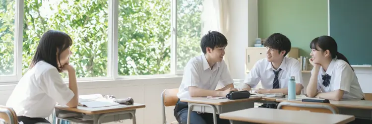 窓の大きな明るい教室で、高校生が机を寄せて話している(AI生成のイメージ。実在の人物・学校ではありません)